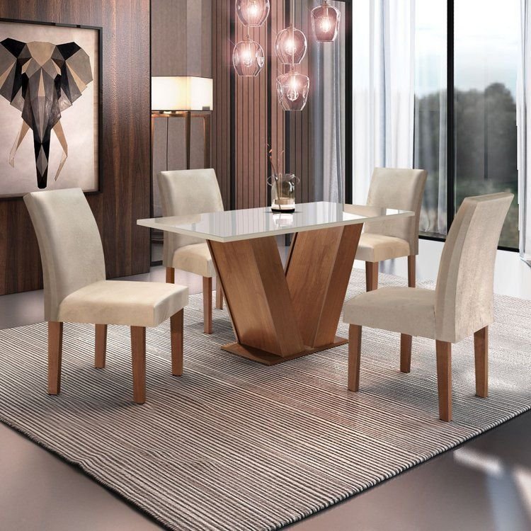 Conjunto Sala de Jantar Mesa Tampo de Vidro 4 Cadeiras Espanha Yescasa Chocolate/Off White/Suede Bege