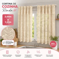 Cortina de Cozinha Renda 2,00x1,20m Janela Palha Branca Folhagens Decorativa