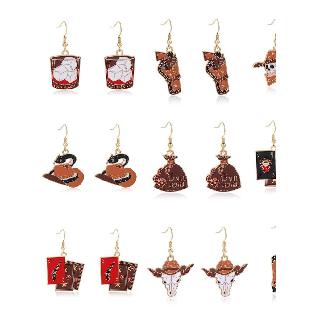 Europeu americano luz luxo High-End dos desenhos animados ocidental Cowboy brincos Halloween óleo gotejamento impresso c