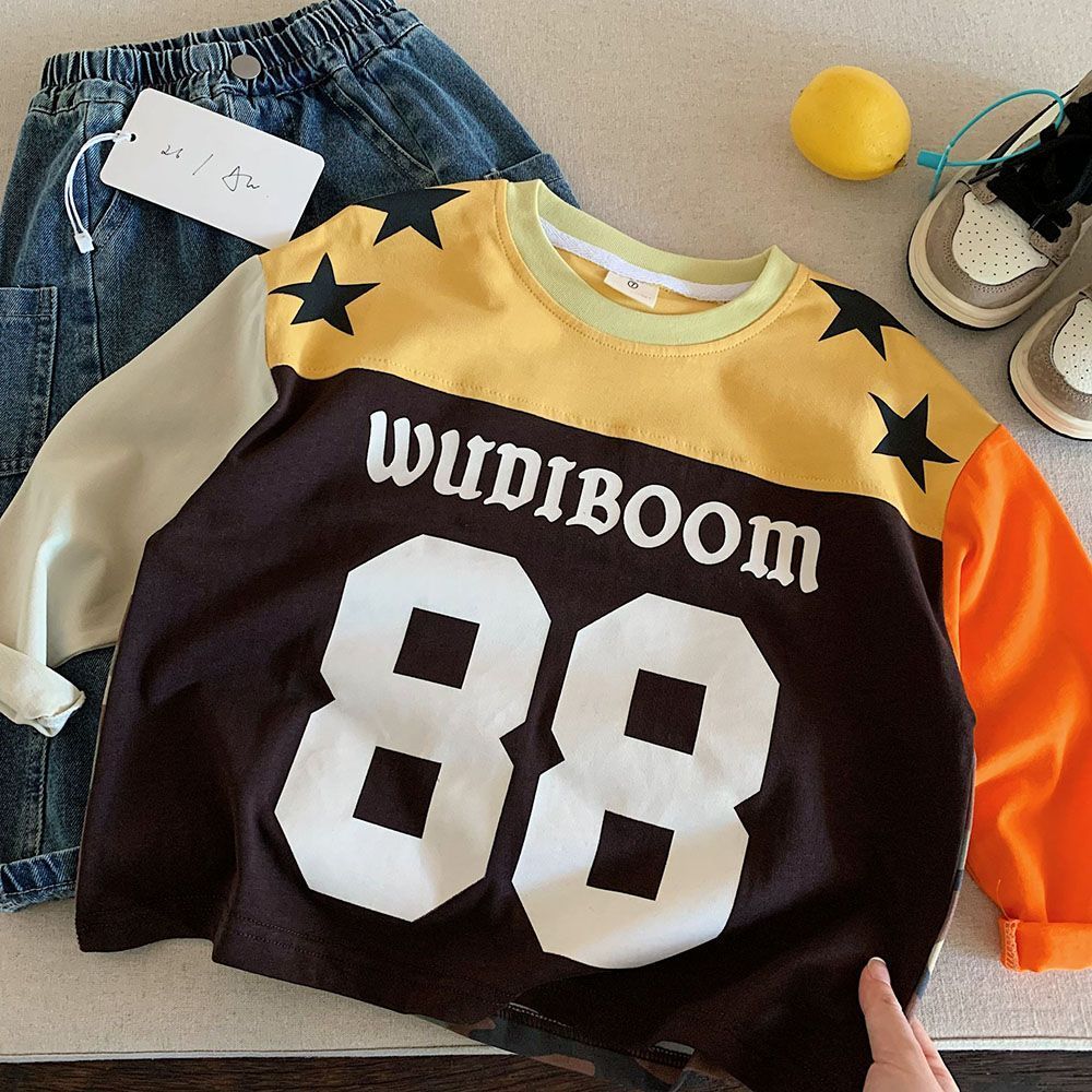 Meninos camiseta de manga comprida primavera outono versão coreana puro algodão camuflagem cor combinando carta impressã