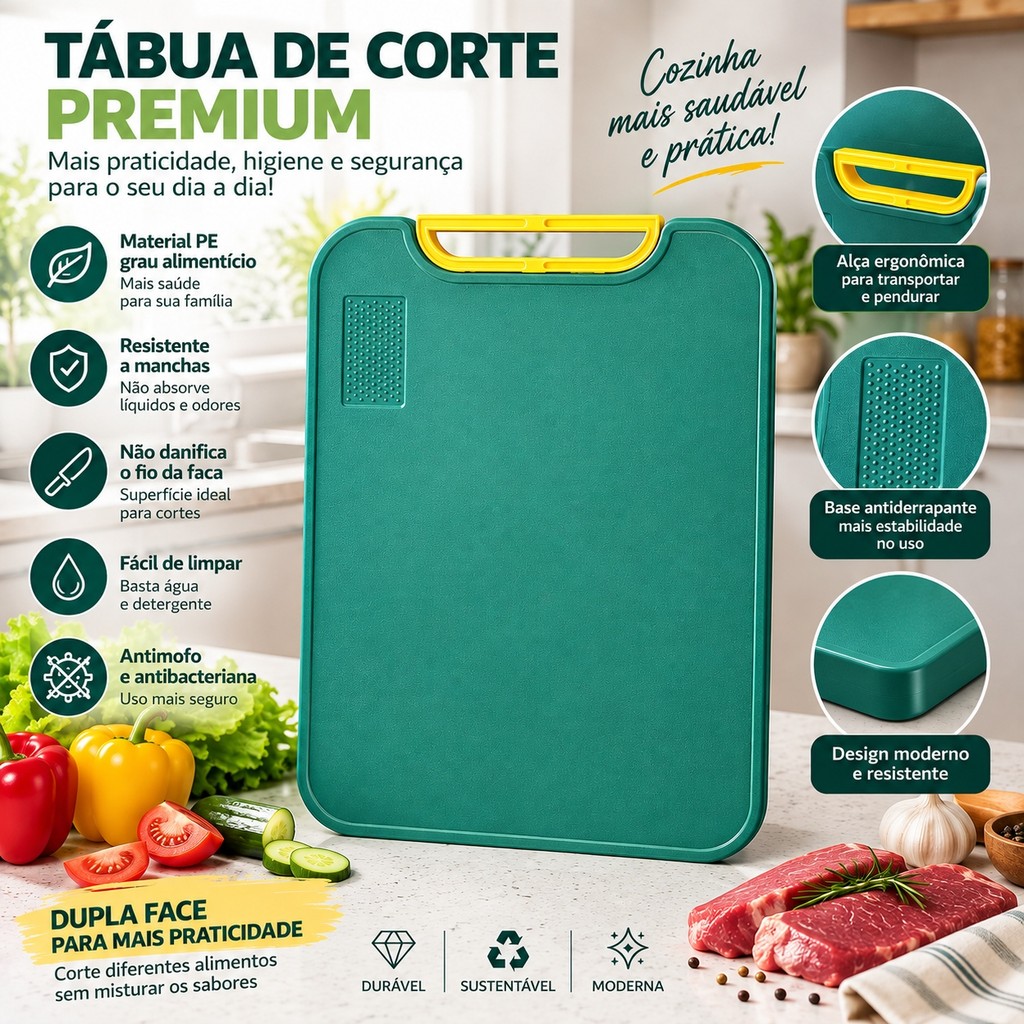 Tábua de Corte Profissional em PE Alimentício | Resistente a Rachaduras, Higiênica e Segura