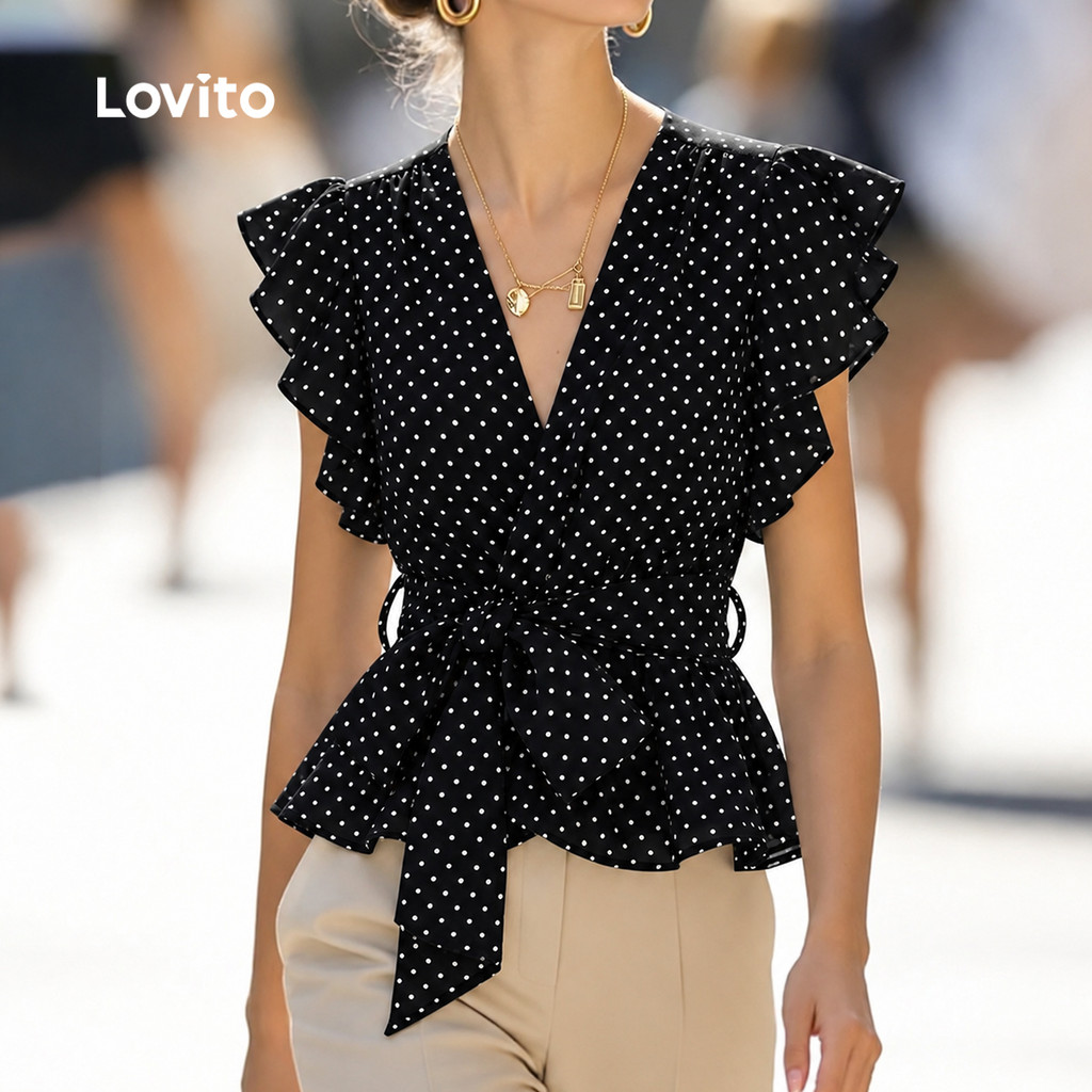 Lovito Blusa Feminino Casual De Bolinhas Sem Mangas Com Decote Em V E Amarração Com Babados Para O Fim De Semana E O Trabalho TKK10BR330 · foto 2