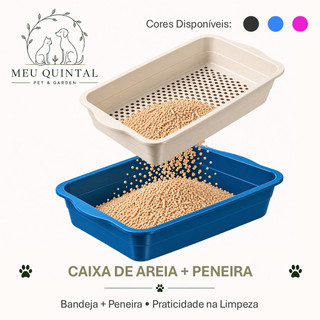 Kit Caixa de Areia para Gatos Bandeja + Peneira Azul Rosa ou Preta
