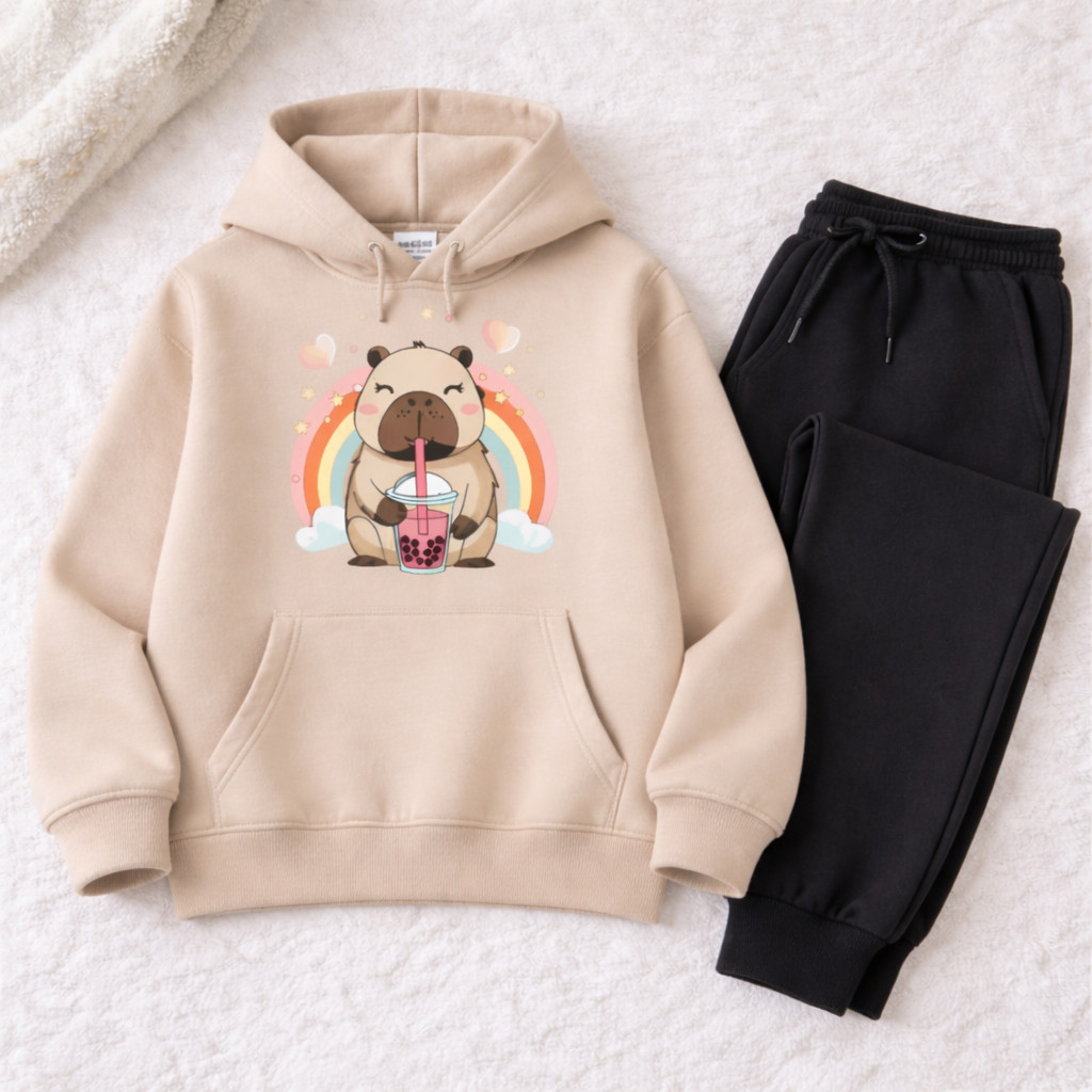 Conjunto Infantil Canguru Capivara Arco-Íris Estampado Inverno Confortável Menino Menina