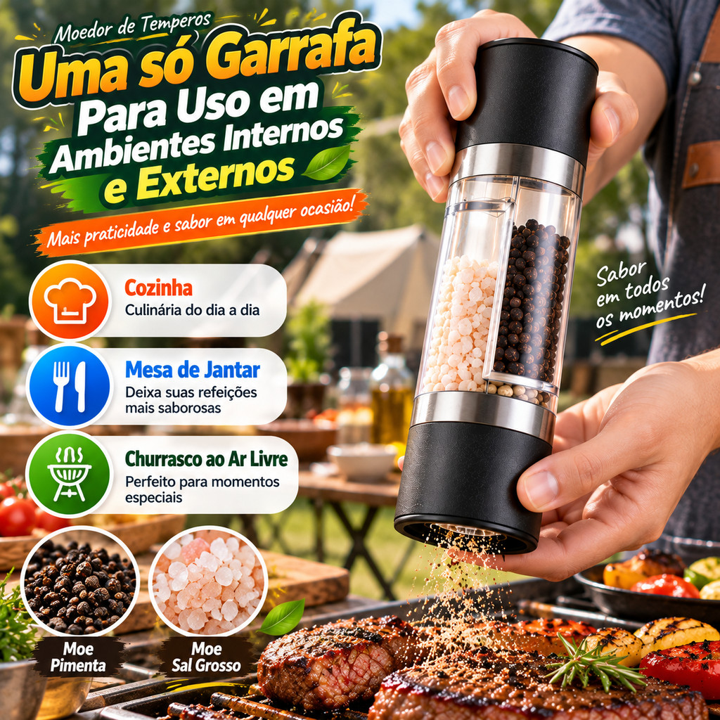 Moedor de Sal Pimenta 2 Em 1 Manual Resistente Durável Ajustável para Cozinha Casa Churrasco Piquenique e Camping