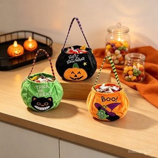 2 sacos de presentes infantis para o Halloween, com estampas de abóbora, demônio e bruxa, tecido de veludo dourado, saco
