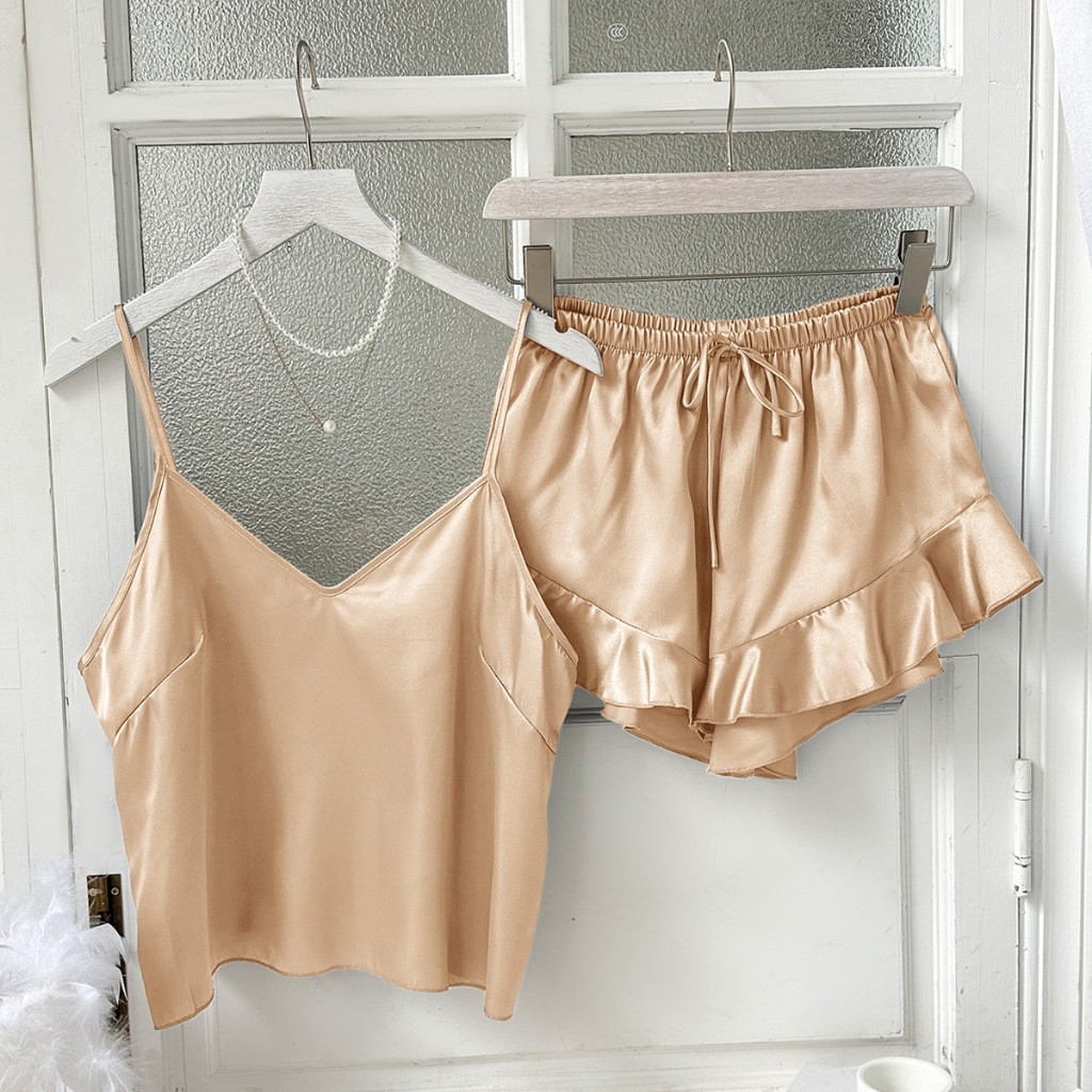 Conjunto de pijama feminino de seda e cetim, ideal para o verão, modelo 6VFB. Conjunto de pijama feminino de seda e ceti