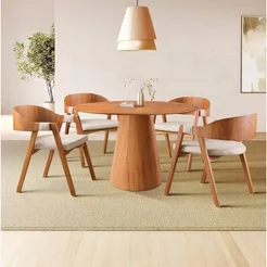 Conjunto Sala de Jantar Mesa Cone Amadeirada 120 cm + 4 Cadeiras Luna Linho Nude