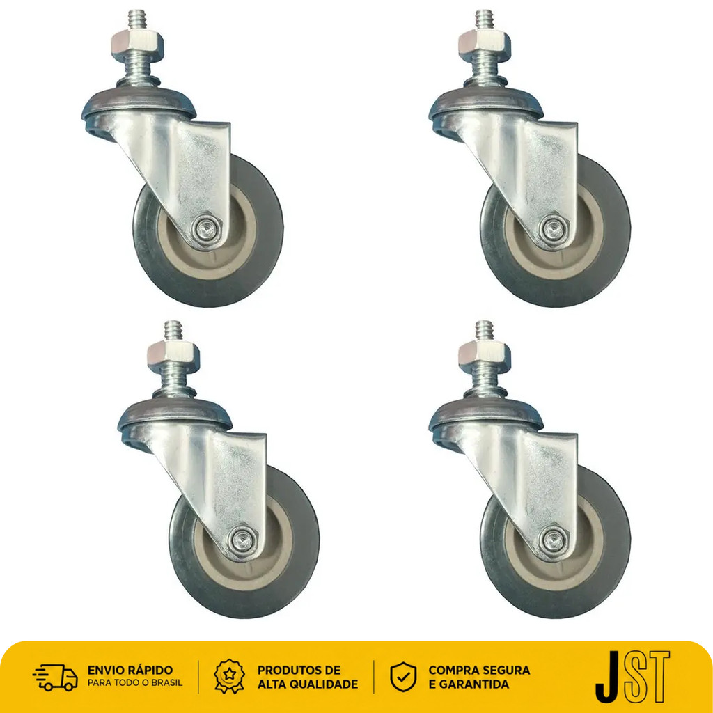 Kit com 4 Rodízios Giratórios 2 Pol 50mm PVC Rosca 3/8 50kg Móveis JST