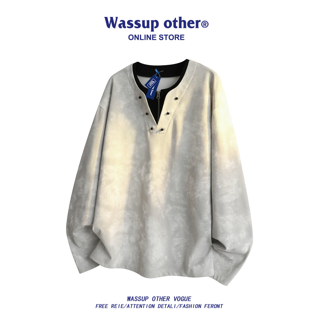 WASSUP OUTRO estilo americano Tie-Dye falso de duas peças de manga comprida camiseta masculina estilo primavera outono S