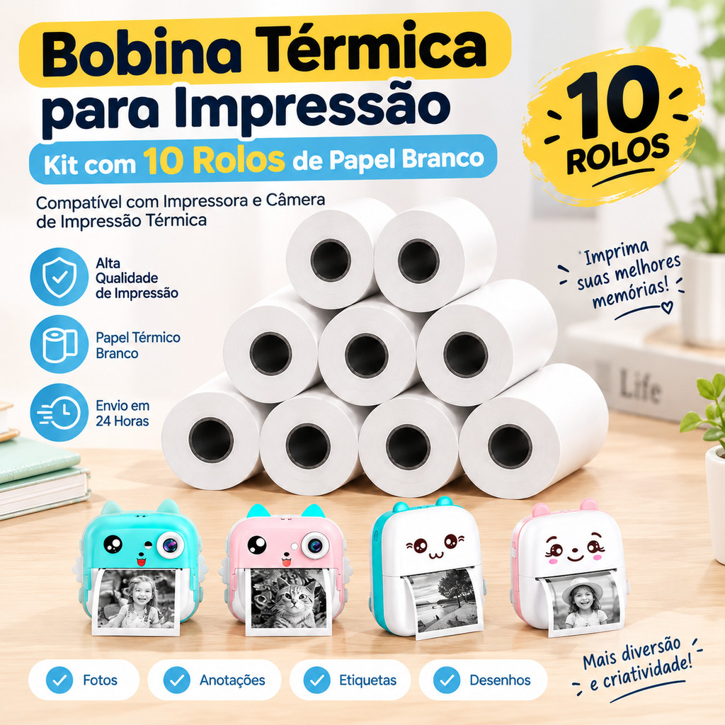 Kit 5 Rolos Bobina Térmica Papel Branco para Impressora Portátil Mini Câmera Infantil Sem Tinta