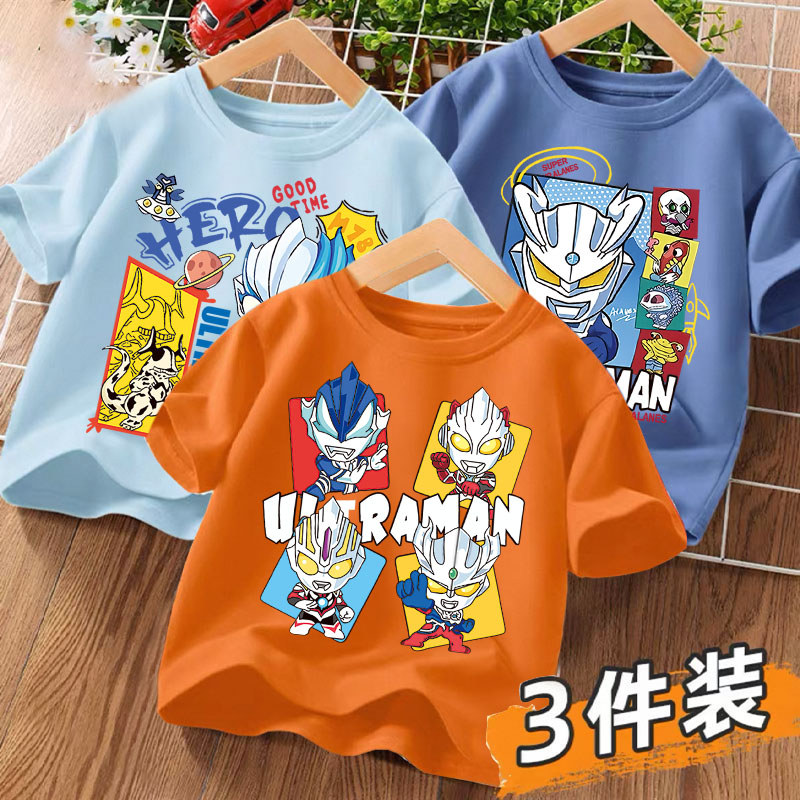 Ultraman médio grande crianças verão puro algodão manga curta camiseta 2025 novo estilo meninos roupas de verão luz abso