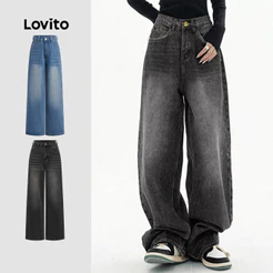 Lovito Casual Jeans Soltinho Cat'S Whiskers Pocket Jeans Para Mulheres L106AD1240