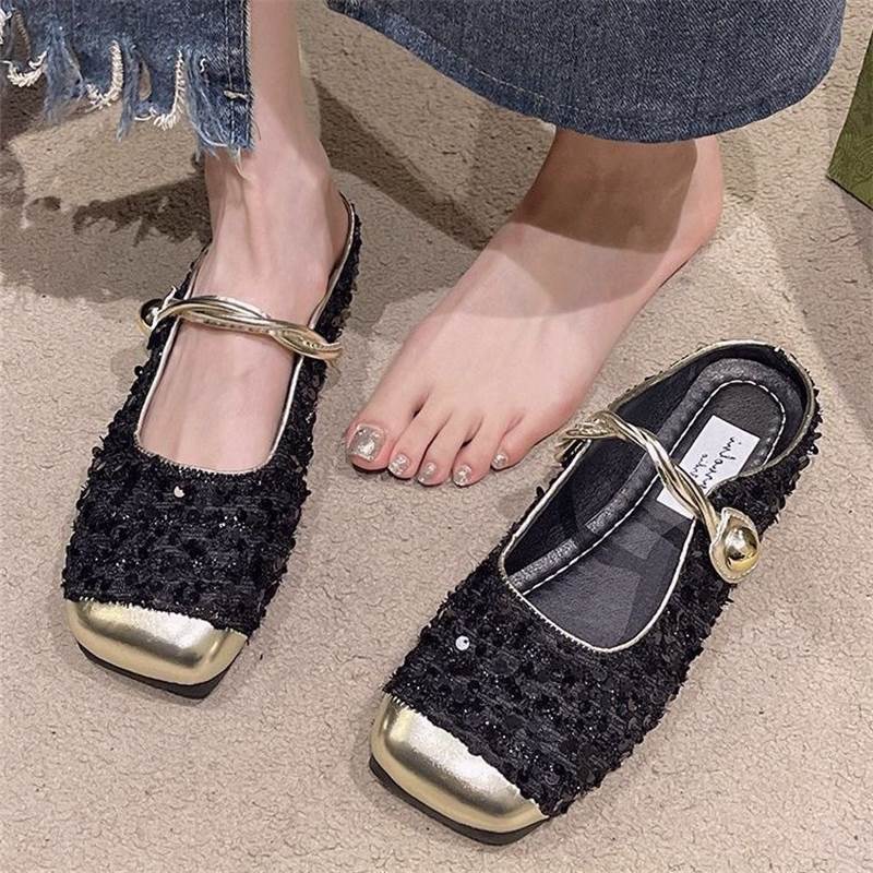 Sapatos de salto plano Baotou Mary Jane sandálias chinelos sapatos femininos verão novo estilo lantejoulas sandálias ele