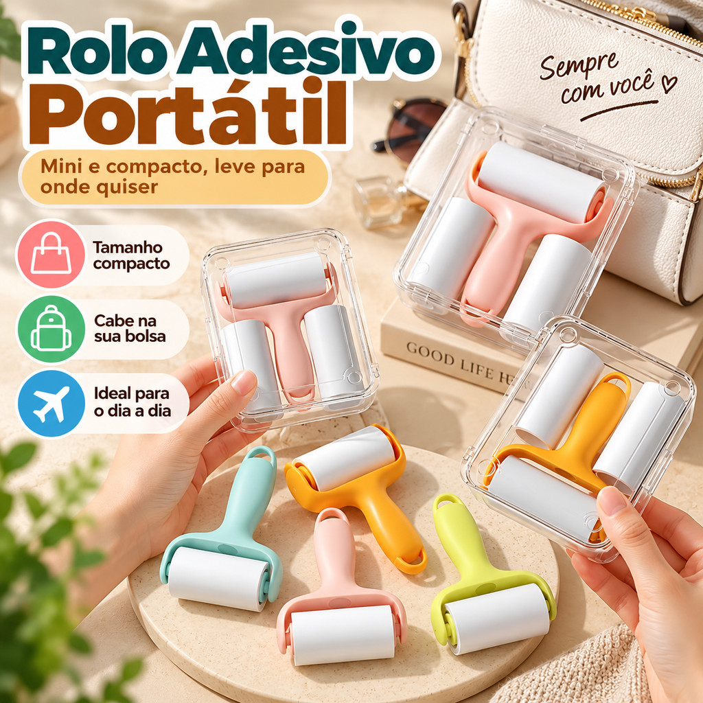 Rolo Tira Pelos Adesivo Portátil com 3 Refis para Remover Pelos de Pets Fiapos Poeira de Roupas Sofá e Estofados