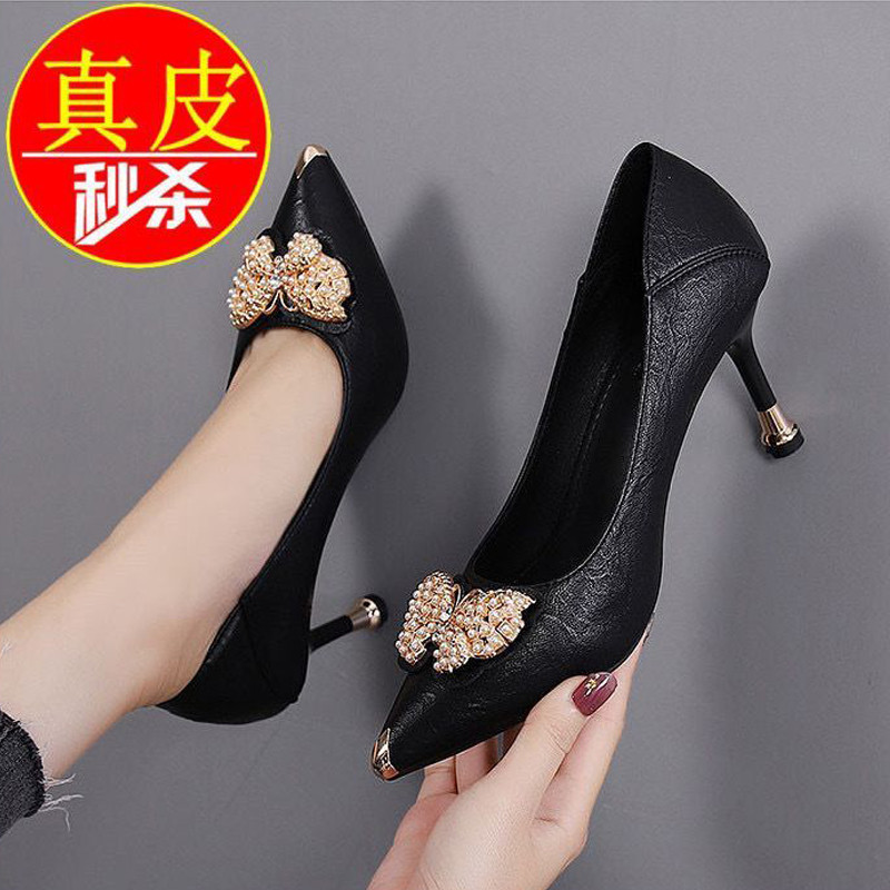 Sapatos femininos de couro macio Real 2022 primavera outono novo estilo Stiletto apontou Toe salto alto feminino de salt