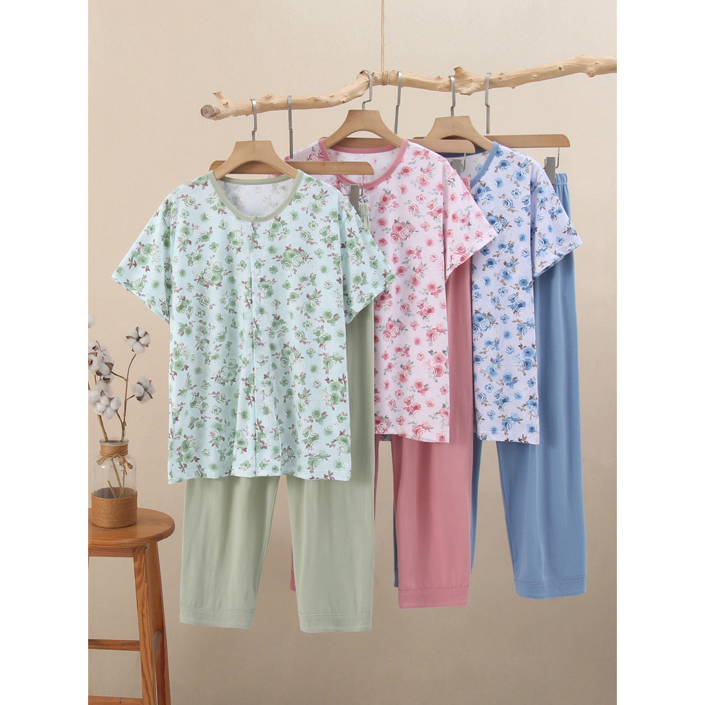 Mulheres idosas de meia-idade Cardigan de algodão puro calças de manga curta loungewear terno Floral pijamas loungewear 