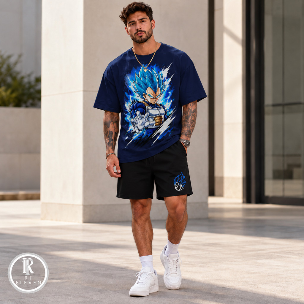 Conjunto Masculino Vegeta Dragon Ball Estampa Realista Tamanho Grande Camiseta + Bermuda Moletom Lançamento  Premium