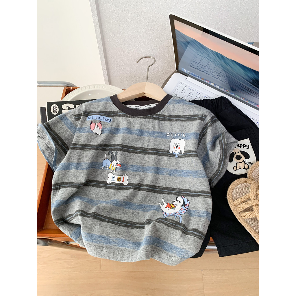 Meninos verão puro algodão manga curta camiseta 2026 novo estilo crianças listrado em torno do pescoço dos desenhos anim