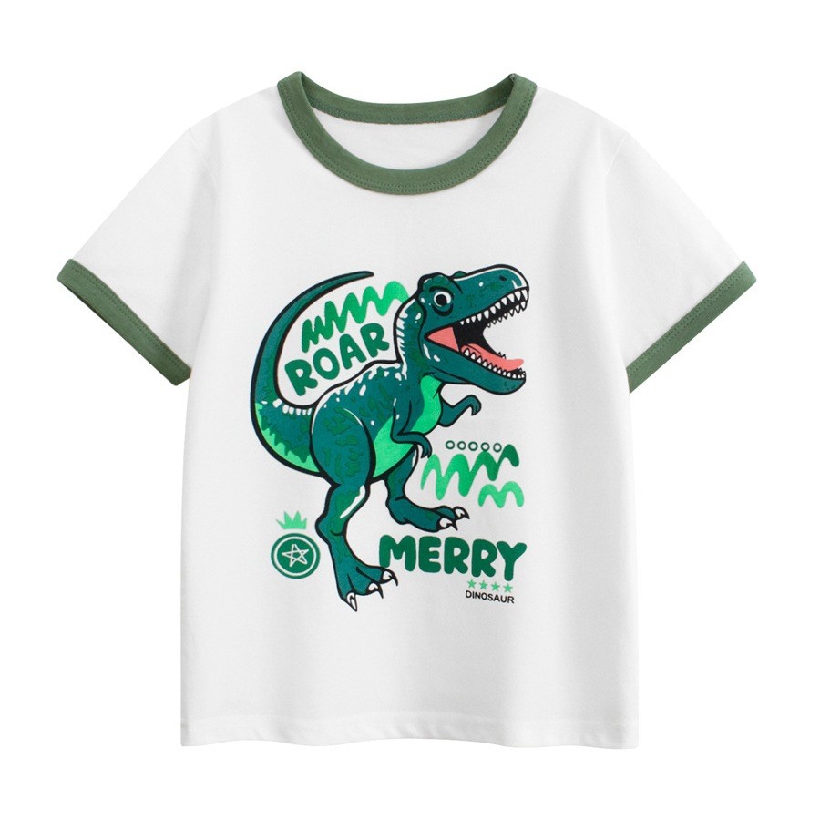 Crianças de manga curta camiseta roupas de bebê impresso topo 2025 verão dos desenhos animados dinossauro versão coreana