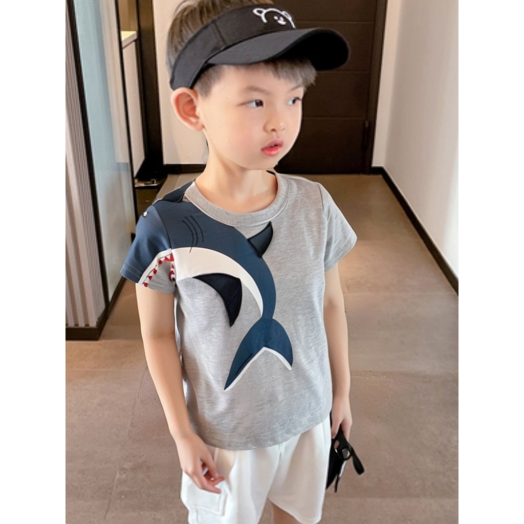 2026 novo estilo infantil puro algodão dos desenhos animados tubarão camiseta de manga curta 27 crianças versão coreana 