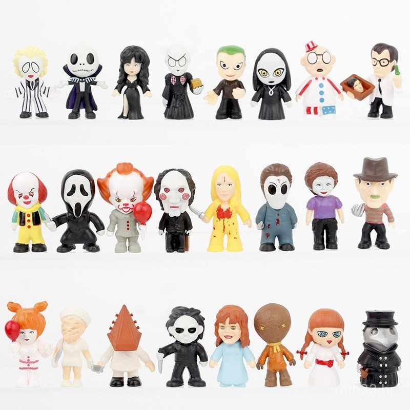 24 peças/conjunto, 5 cm, figuras de filmes de terror góticos: Jason, Jack, Skellington, It, palhaço, médico Schnabel, ve
