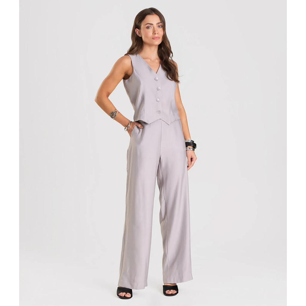 Calça Pantalona em Tecido Alfaiataria Dianna Cinza