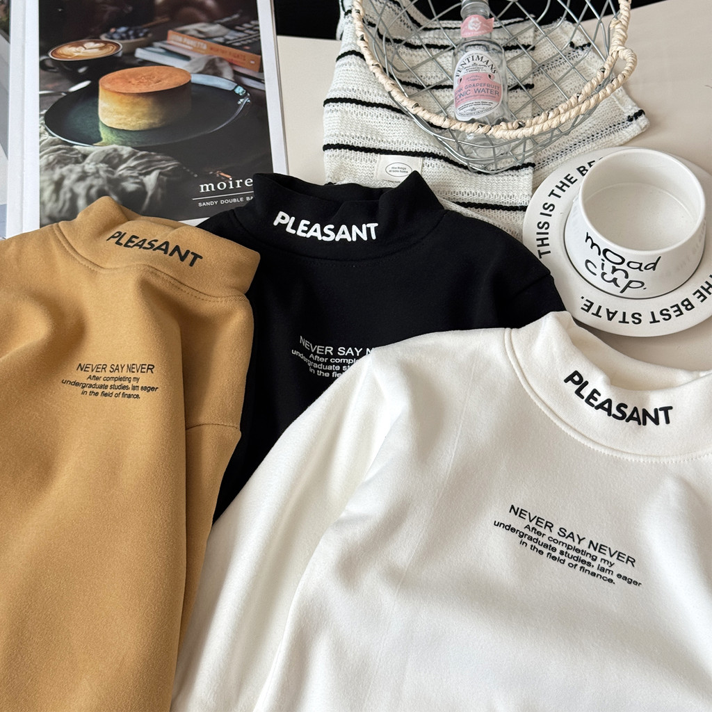 Crianças engrossado camisa de fundo meninos meia gola alta carta impressa manga comprida camiseta bebê uma peça