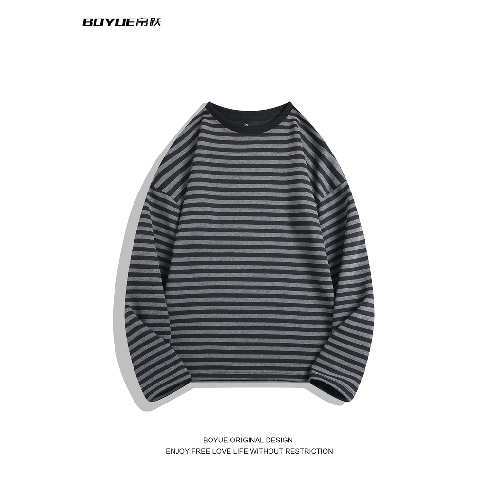 BOYUE BOYUE Camiseta listrada de manga comprida masculina e feminina estilo preguiçoso solto Casual fundo jovem gola red