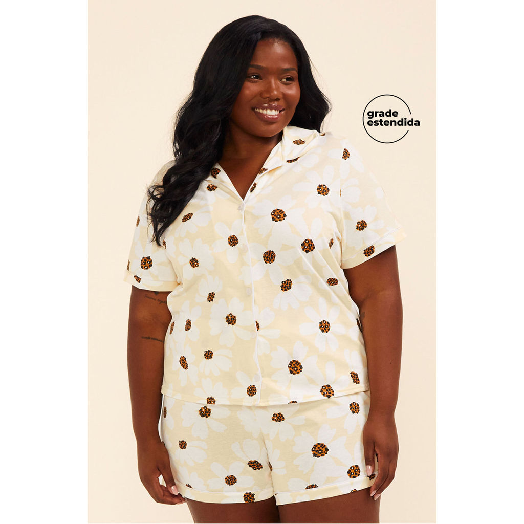 Pijama Curto Feminino Botões Marialícia Amarelo