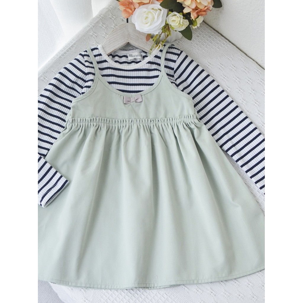 Pedido japonês ~ 100-140 meninas bebê vestido de algodão puro médio pequeno crianças manga comprida listrado camiseta ve
