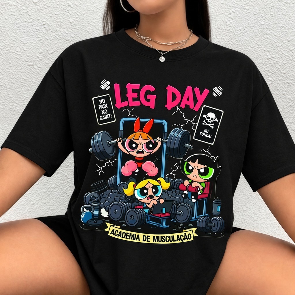 Camiseta 100% Algodão Treino Feminina Plus Size Docinho Oversized Roupas de Academia Look de Treino Super Poderosas Meme