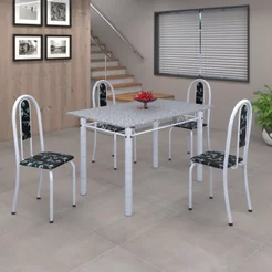 Conjunto de Mesa 120x75cm Tampo em Granito com 4 Cadeiras Iris a Branco/Preto Floral/Martelado Pérola Preto