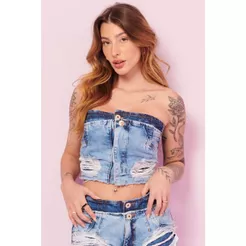 Top Feminino Sem Mangas Com Puidos Planet Girls Jeans Claro