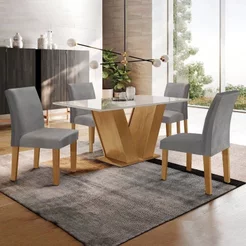 Conjunto Sala de Jantar Mesa Tampo de Vidro 4 Cadeiras Espanha Yescasa Cinamomo/Off White/Cinza
