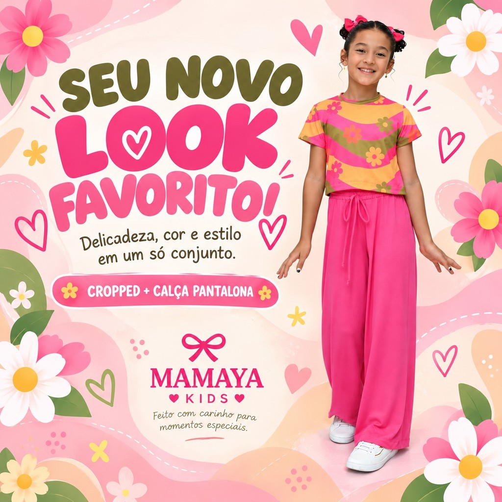 Conjunto Cropped e Calça Infantil Juvenil Feminino Rosa Estampado Floral Arco-Íris Sued Premium 8 ao 16
