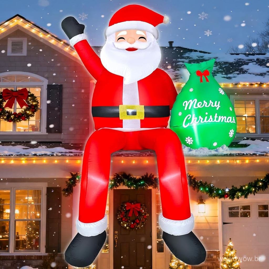 Decoração inflável de Natal com o Papai Noel sentado no telhado, 2,4 metros de altura, com saco de presentes e LEDs inte