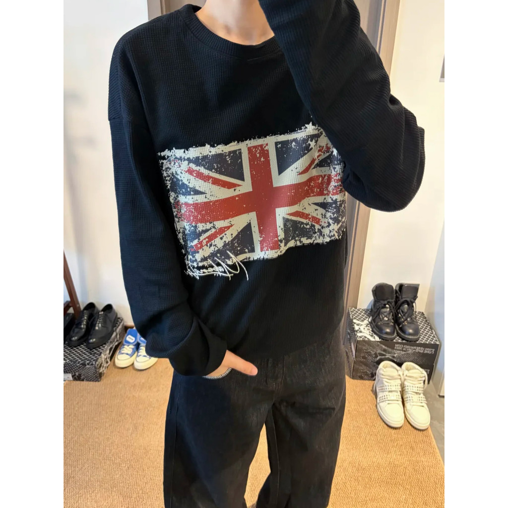 Bandeira americana impressa camiseta de manga comprida masculina feminina solta início do outono em torno do pescoço Waf