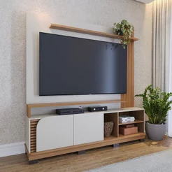 Estante Ripado para TV até 75 Polegadas 182CMX187CM 2 Portas Jurerê Branco Off White Matte/Freijó