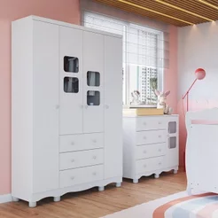 Quarto Infantil com Guarda Roupa 4 Portas e Cômoda 1 Porta com Janelas Mimo 100% MDF Espresso Móveis Branco/Brilho