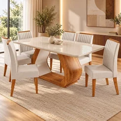 Conjunto Sala de Jantar 6 Lugares Retangular Tampo de Vidro e MDF Dai Yescasa Bege/Mel/Off White Mel/Off White/Bege