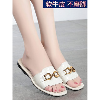 Mãe chinelos femininos primavera francês couro genuíno confortável sola macia sapatos planos dedo do pé quadrado antider