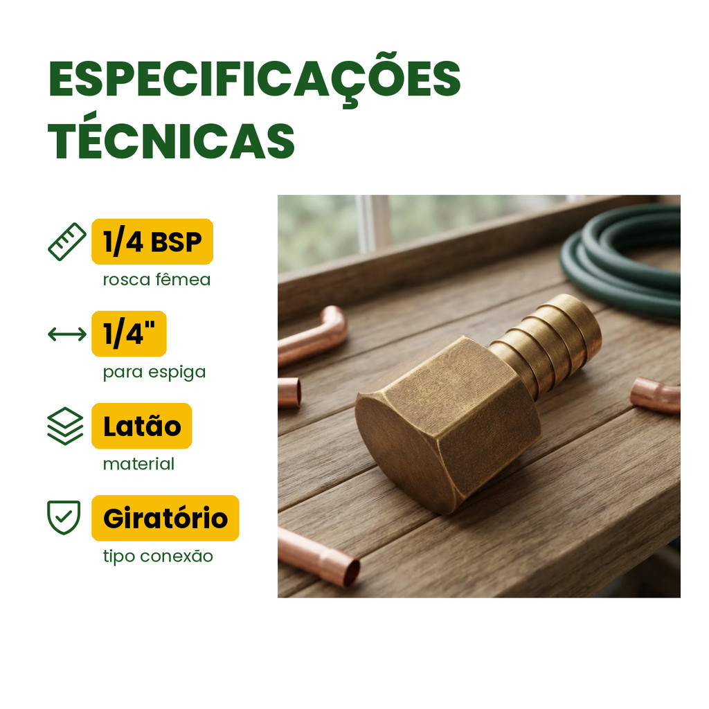 Espigão Fêmea Giratório de Latão 1/4 BSP x 1/4 para Mangueira Hidroconex · foto 2