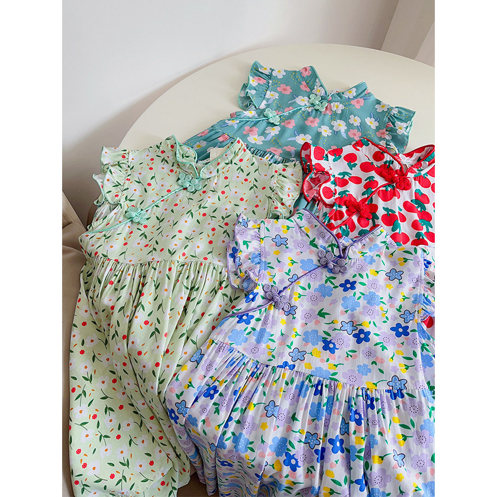 Meninas algodão floral vestido verão novo produto bebê floral algodão seda colete vestido legal respirável Cheongsam sai