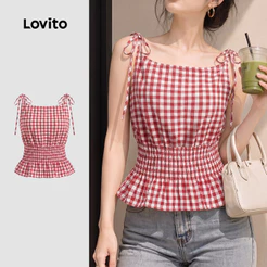 Lovito Top Vermelho Para Mulheres Elegante Sem Mangas Gola Quadrada Smocked Barra Com Babado Primavera Verão Trabalho Estampa Xadrez TKB201P1D254
