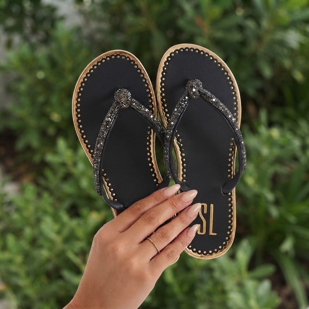 Sandália Feminina Rasteirinha Pedraria Strass Nó Borda Metalizada Chinelo de Dedo Luxo Confortável