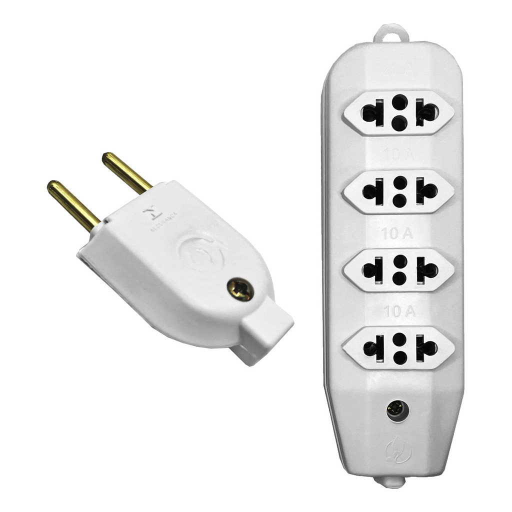 Tomada Régua Para Extensão Quadrupla 10a + Plug Pino Macho