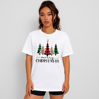 Camiseta Feminina Marry Christmas Arvores Natalina Camisa Tecido 100% Algodão Varias Cores Natal 2025 Lançamento