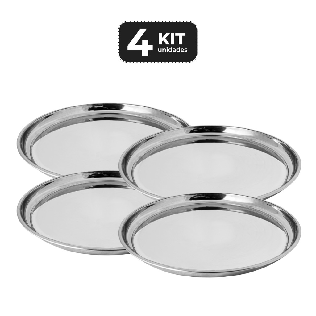 Kit 4 Bandeja Redonda Inox 40 cm Profissional Restaurante Buffet Café Bar Cozinha