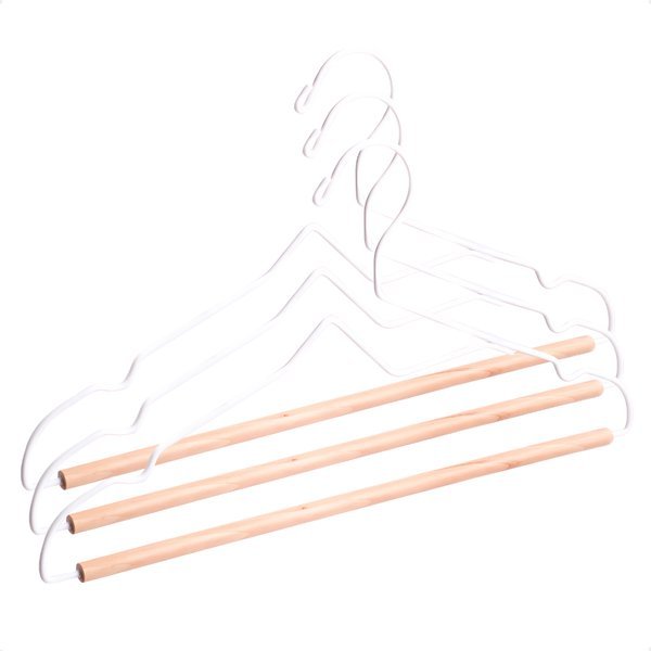 Kit 3 Cabide Ferreiro com Barra em Madeira com Entrada para Gola e para Organização de Roupas